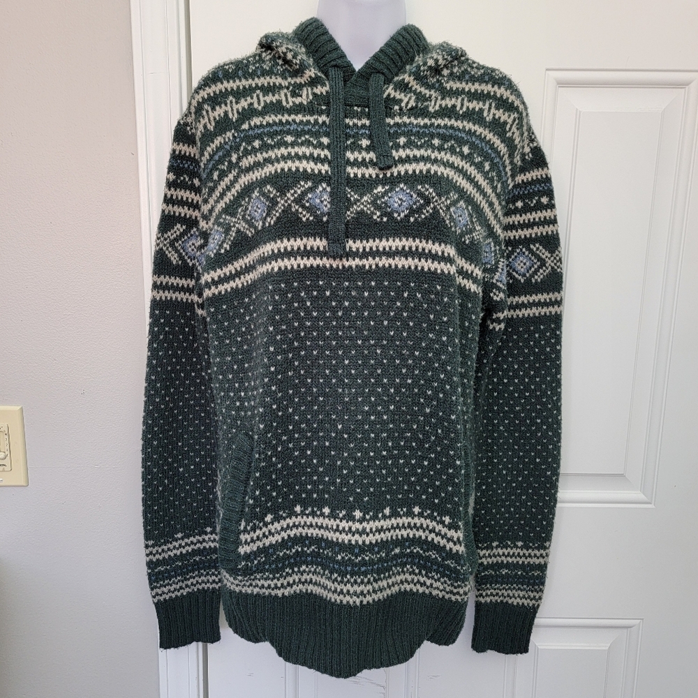 Vintage American Eagle Unisex Forest Green Hooded Faire Isle Sweater - Size M